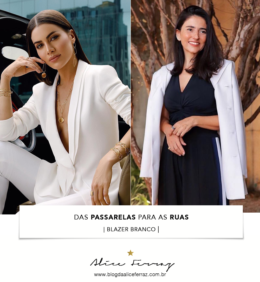 Camila Coelho is seen wearing white blazer and pants, micro bag